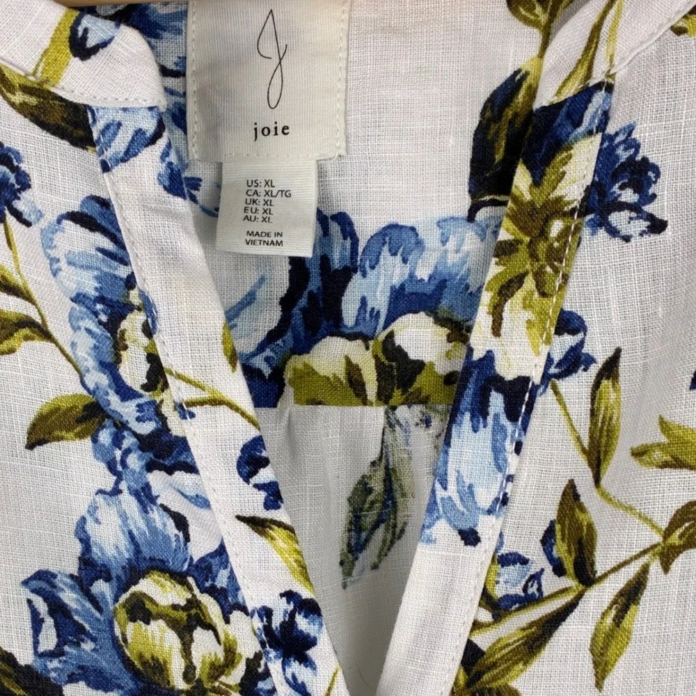 Joie XL 100% Linen Blue Floral Sleeveless Split Neck Button Front Blouse - Picture 2 of 8